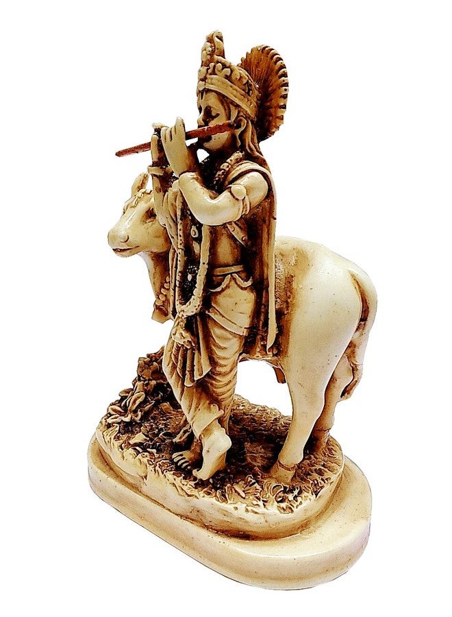 Purpledip Resin Idol Lord Krishna with Cow: Stone Finish Statue for Home Temple (11645) - Image 4